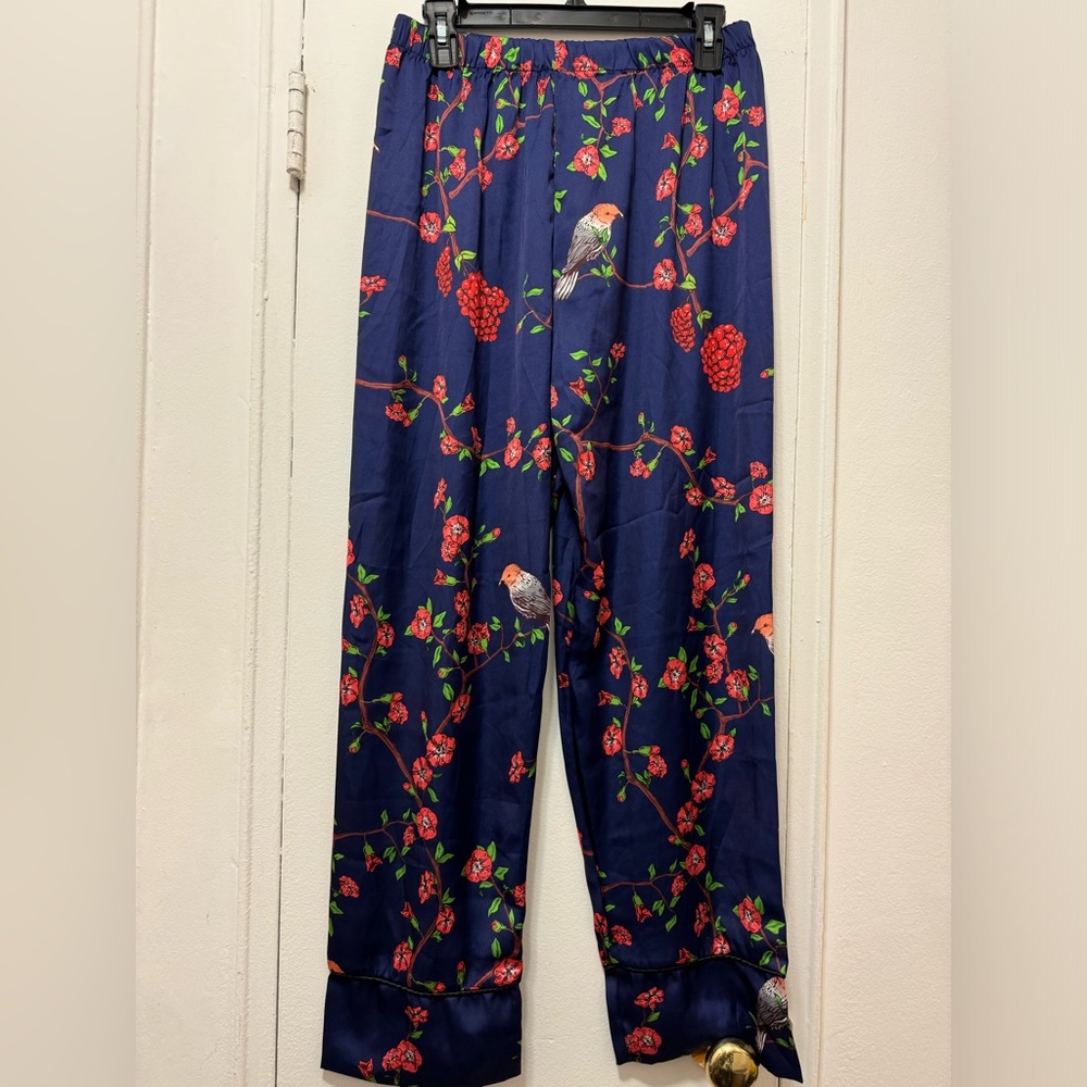 Lobo Rosa Printed Bird and Flowers Satin Pants large